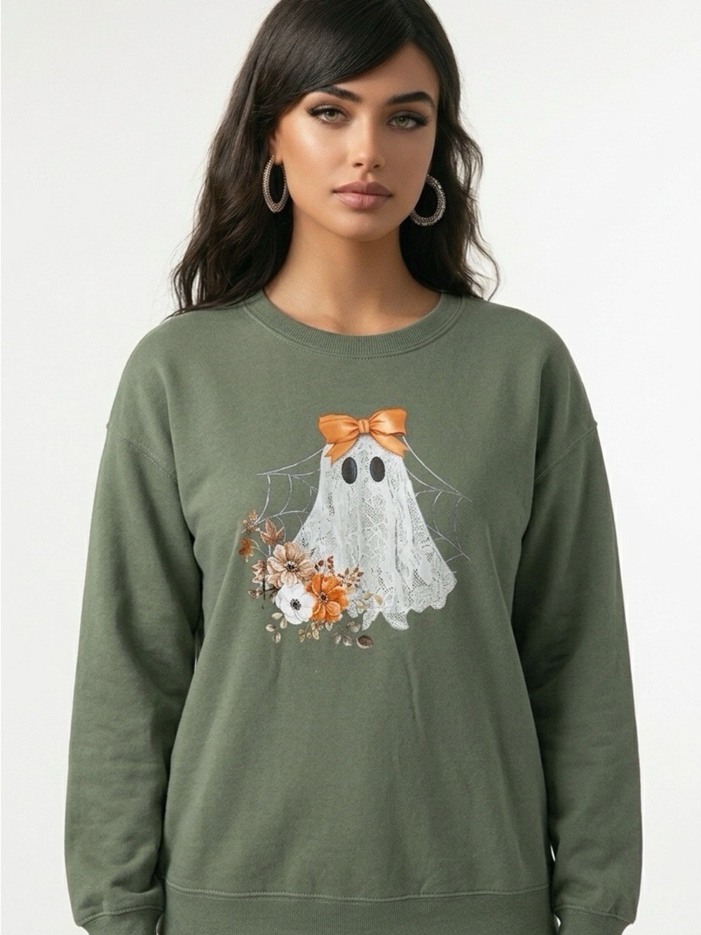 Olive Ghost Floral Pullover Sweatshirt - Women's Top